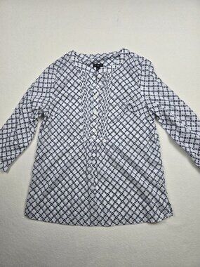 Talbots Petite SP White & Navy Diamond Print Cotton Blouse 3/4 Sleeves Top